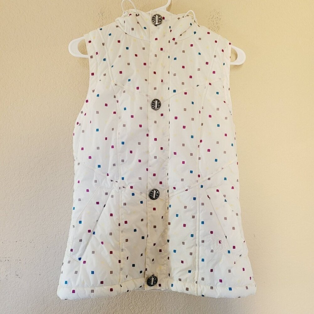 Burton Womens Vest White Confetti Puffer Dry Ride Hooded Size Small Snow Ski Sly